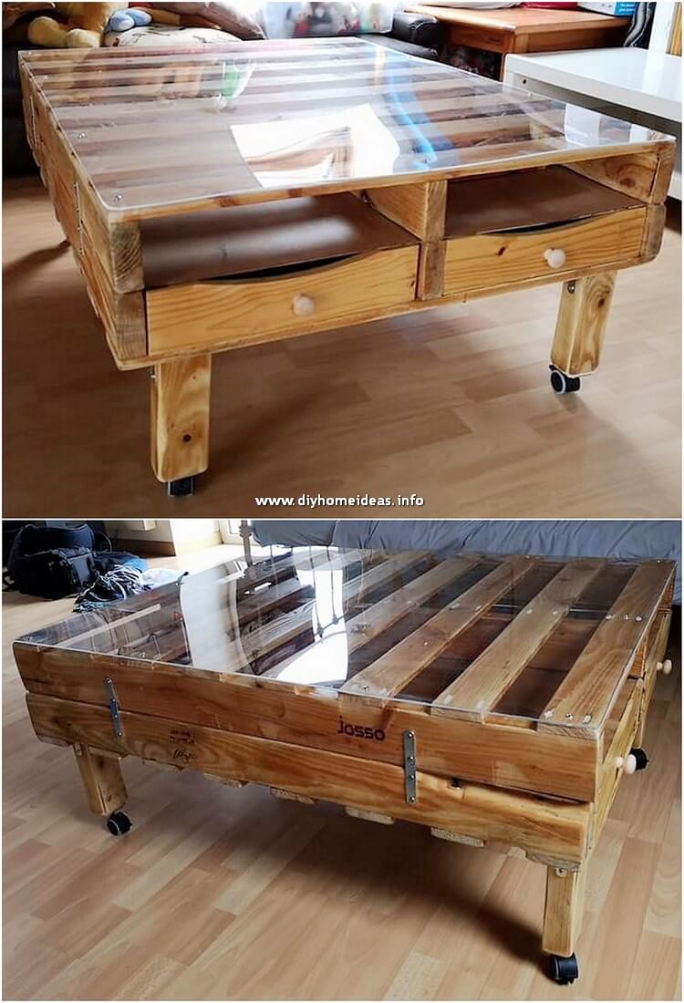 Glass Top Pallet Table with Drawers